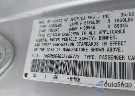 2006 Honda Accord 2.4 Lx from USA, damaged, VIN 1HGCM56486A146773